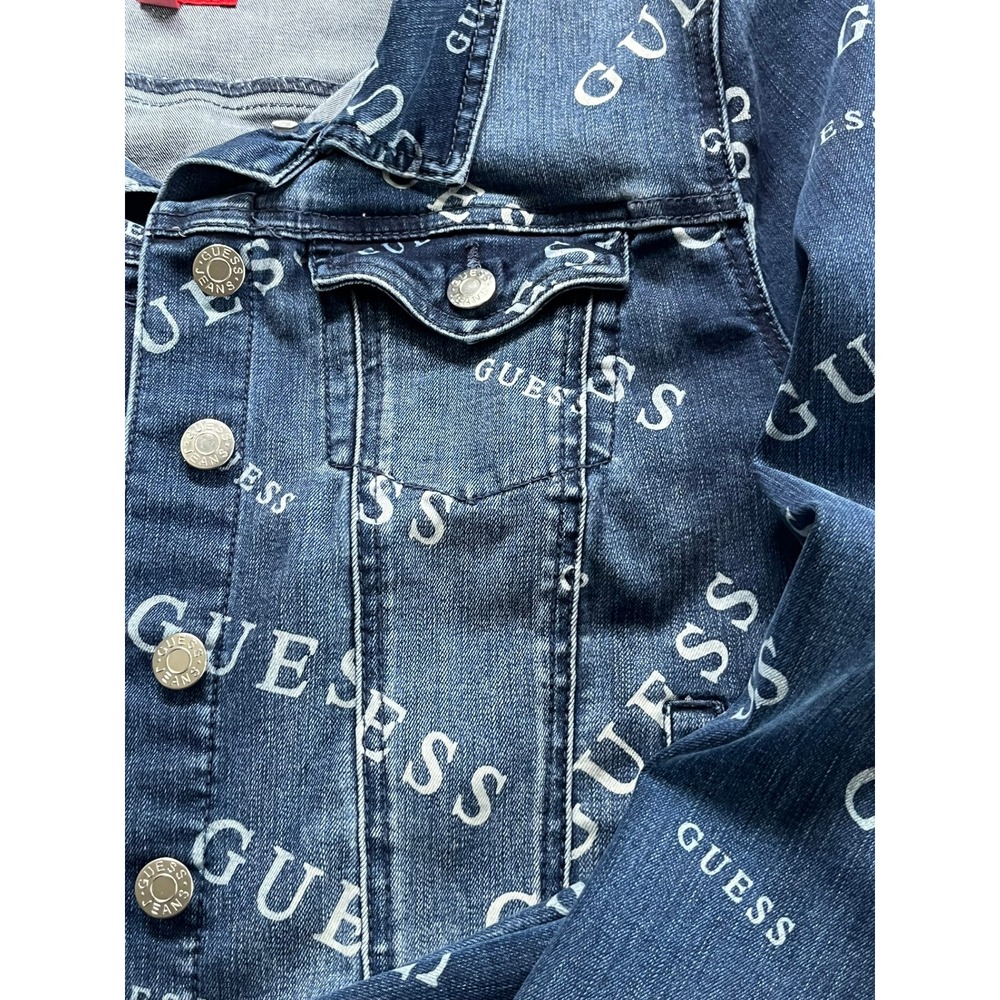 Guess Los Angeles Womens Logo Print Denim Trucker Jacket Blue Medium Wash Large - Picture 6 of 7